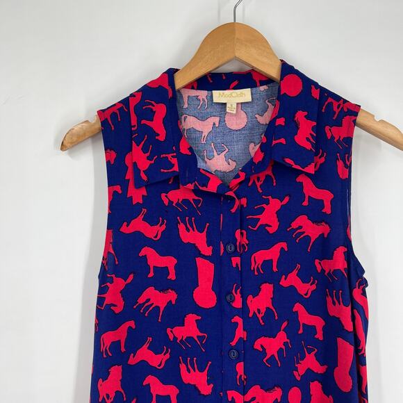 ModCloth Blue & Red Horse Print Sleeveless Blouse Size S - Picture 5 of 5